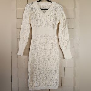Cream V-Neck Sweater Dress with Intricate Knit Pattern